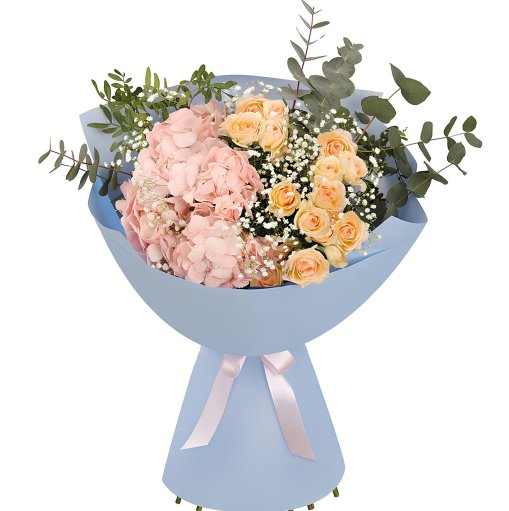 Pembe Ortanca Süslü Buket